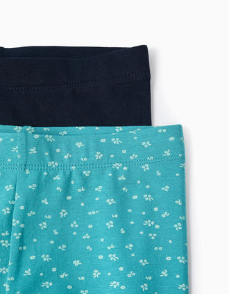 Pack de 2 leggins lisos/florales para niña, azul oscuro/claro