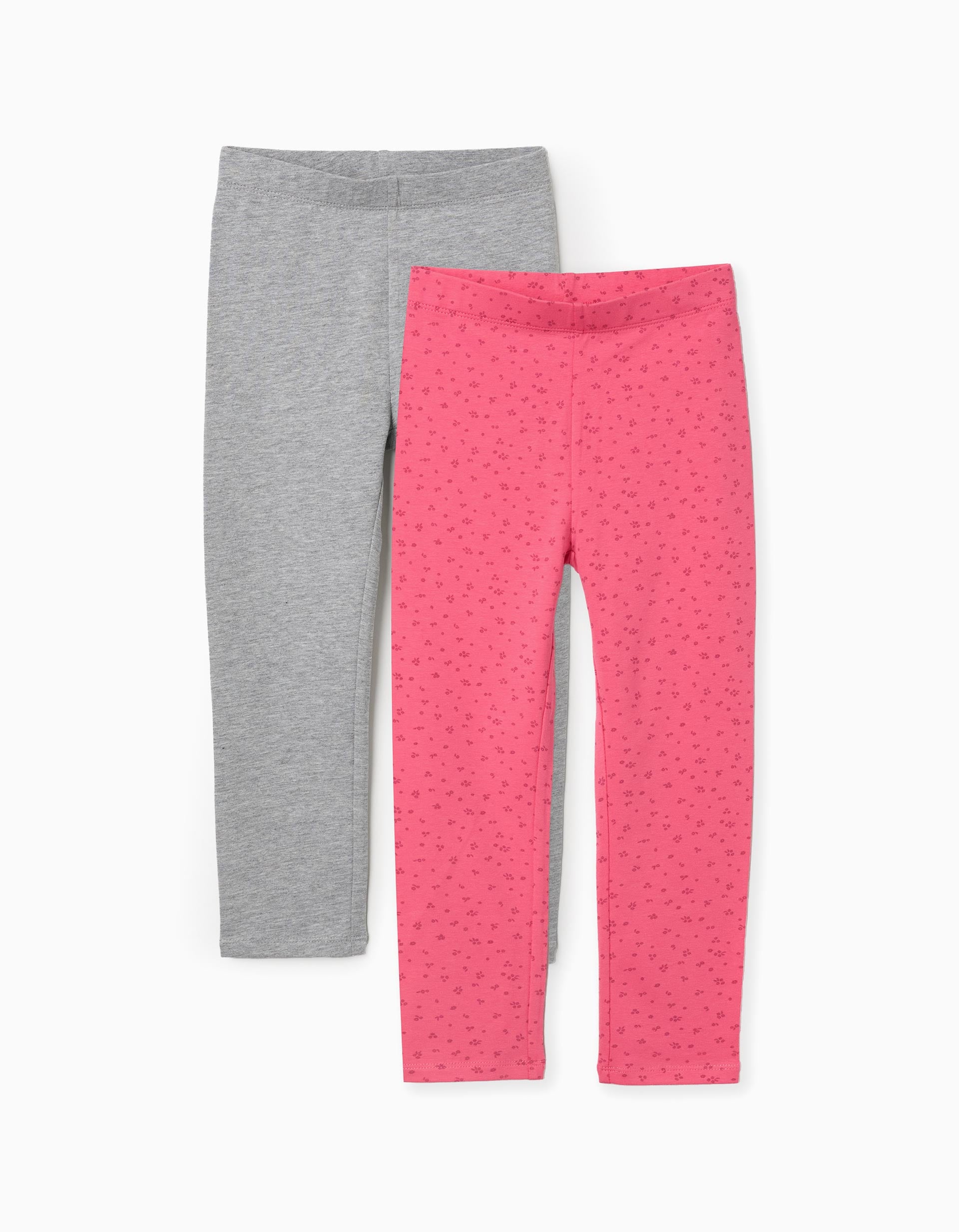 Pack de 2 leggings de algodão lisas/florais para menina, cinza/rosa