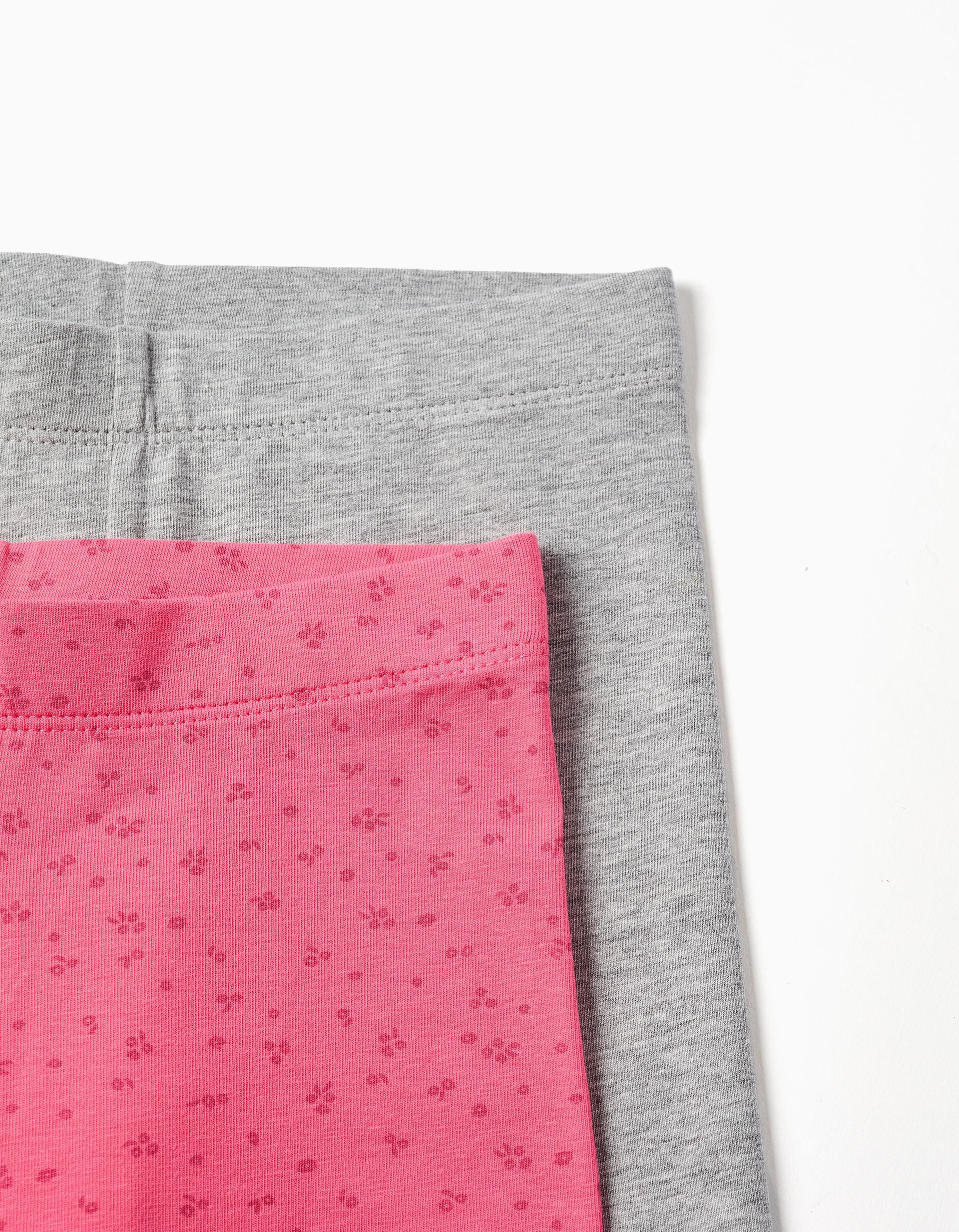 Pack de 2 leggings de algodão lisas/florais para menina, cinza/rosa