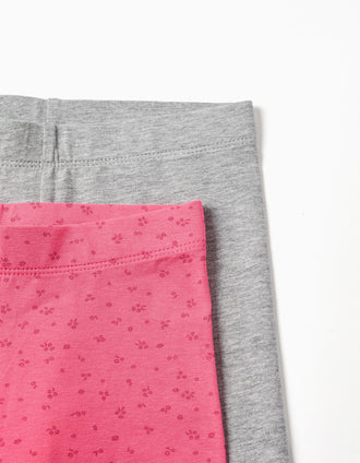 Pack de 2 leggings de algodão lisas/florais para menina, cinza/rosa