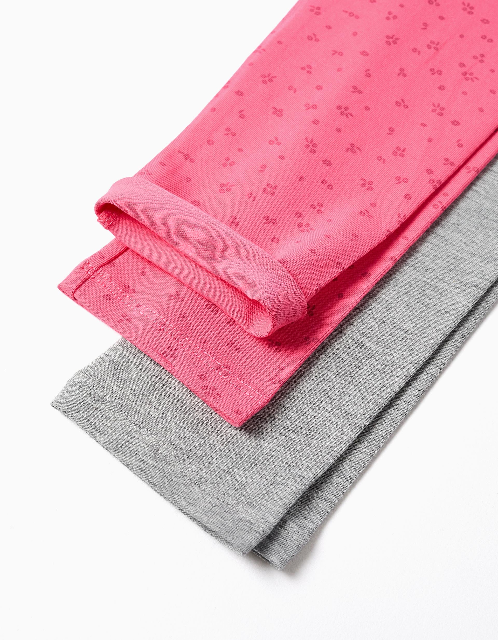 Pack de 2 leggings de algodão lisas/florais para menina, cinza/rosa