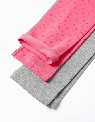 Pack de 2 leggings de algodão lisas/florais para menina, cinza/rosa