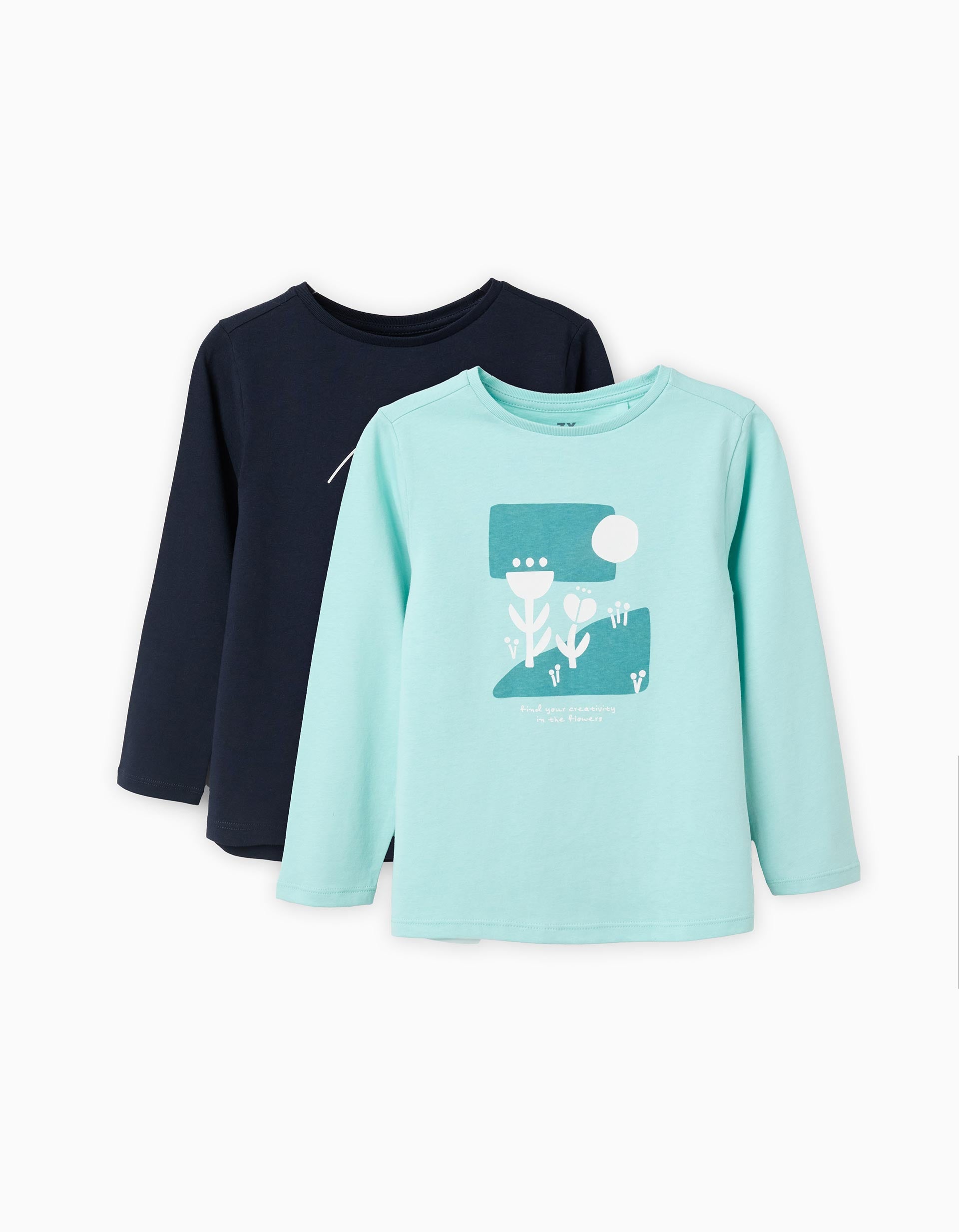 Pack de 2 T-shirts com estampados para menina, azul-escuro/claro