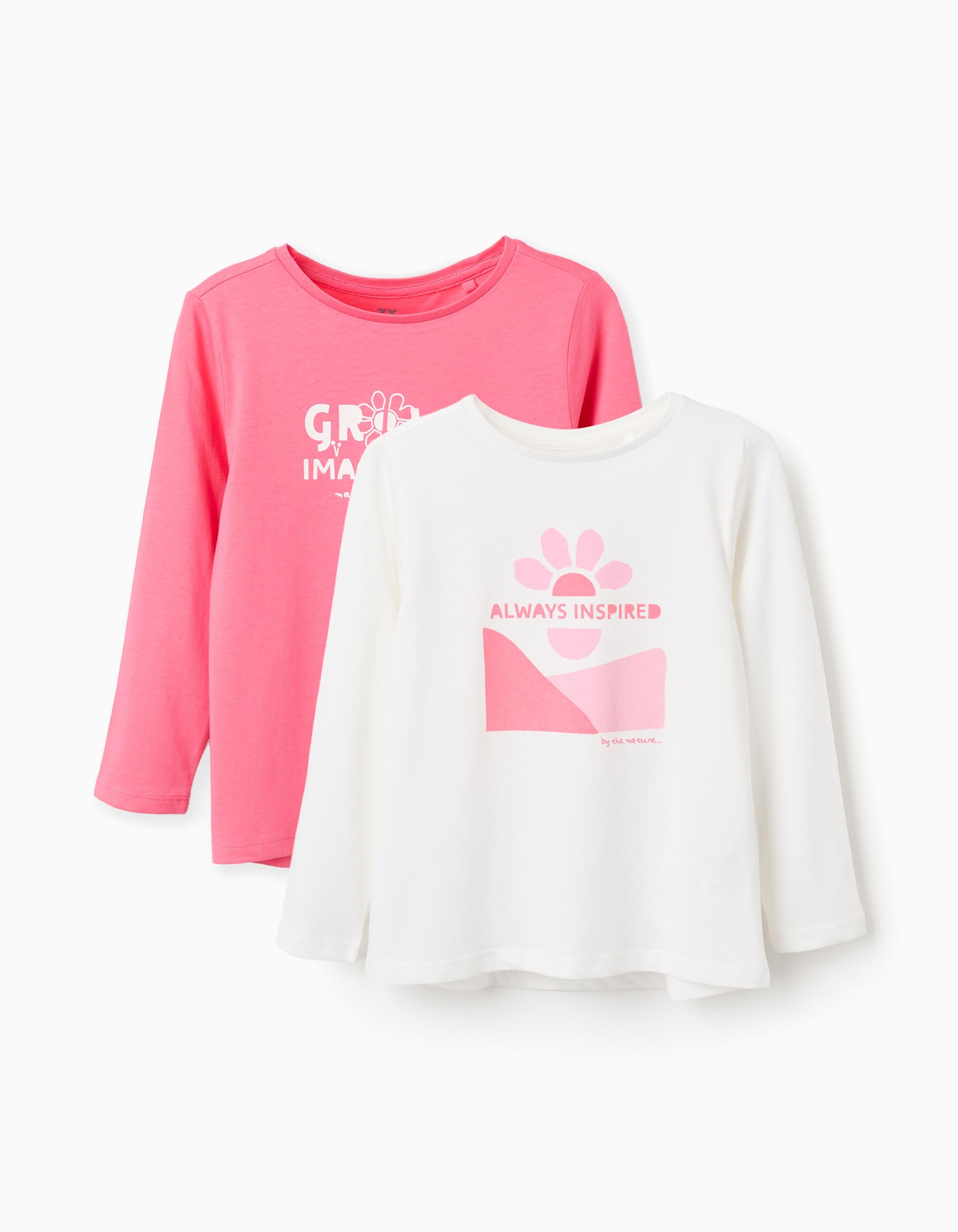 Pack of 2 long sleeve T-shirts with prints for girls, white/pink
