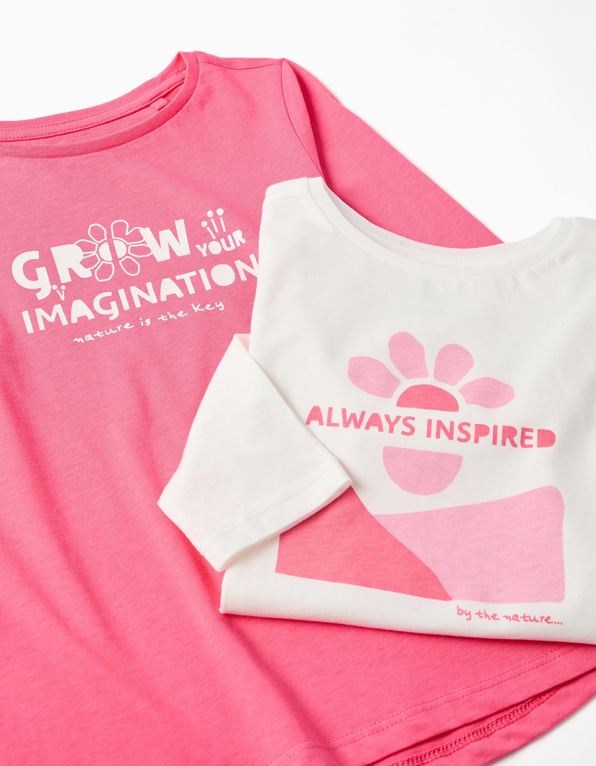 Pack of 2 long sleeve T-shirts with prints for girls, white/pink