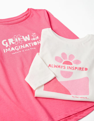 Pack de 2 T-shirts com estampados para menina, branco/rosa