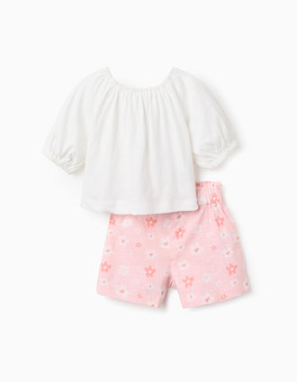 T-shirt de algodão + calções florais para bebé menina, branco/rosa