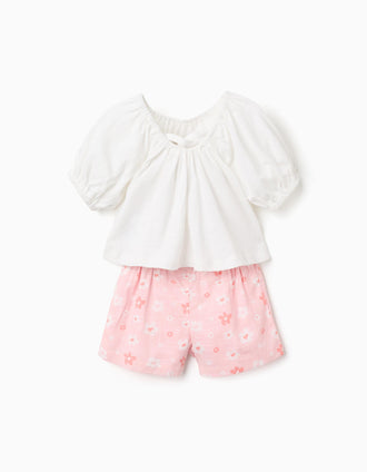 T-shirt de algodão + calções florais para bebé menina, branco/rosa