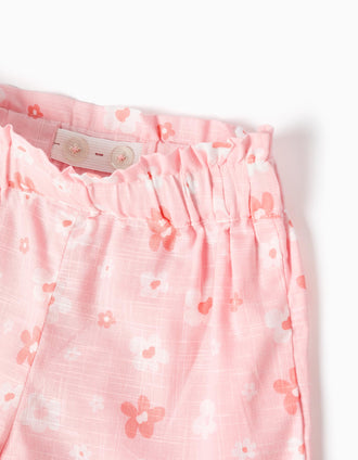 T-shirt de algodão + calções florais para bebé menina, branco/rosa