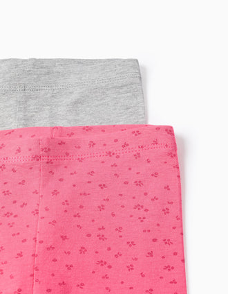 Pack de 2 leggings de algodão lisas/florais para bebé menina, cinza/rosa