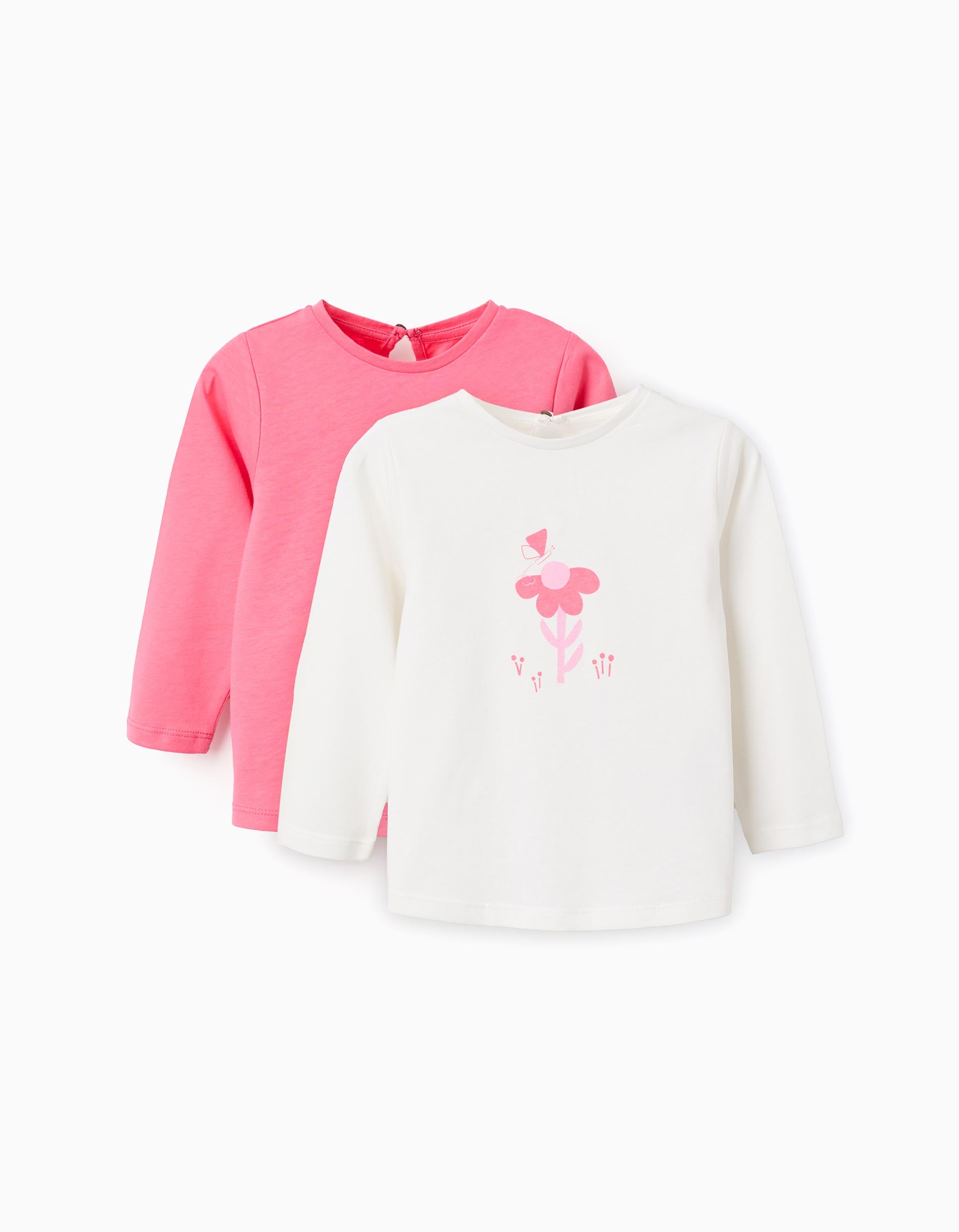 Pack of 2 long sleeve T-shirts with prints for baby girls, white/pink