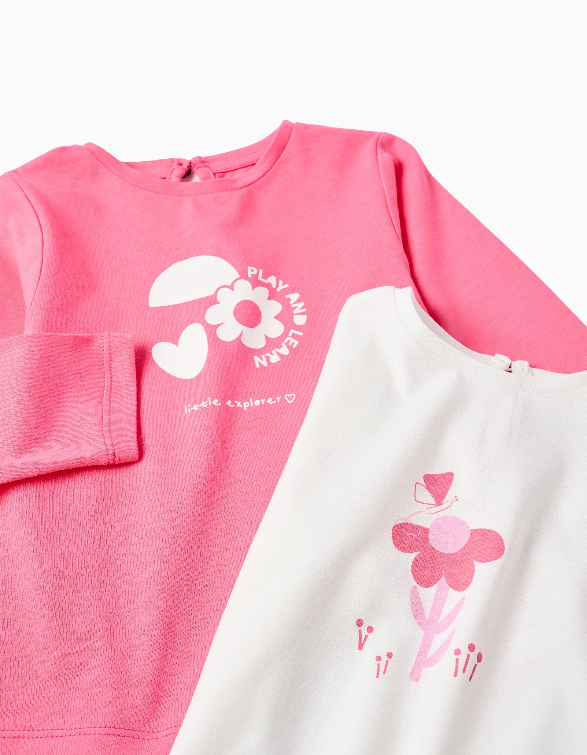 Pack of 2 long sleeve T-shirts with prints for baby girls, white/pink