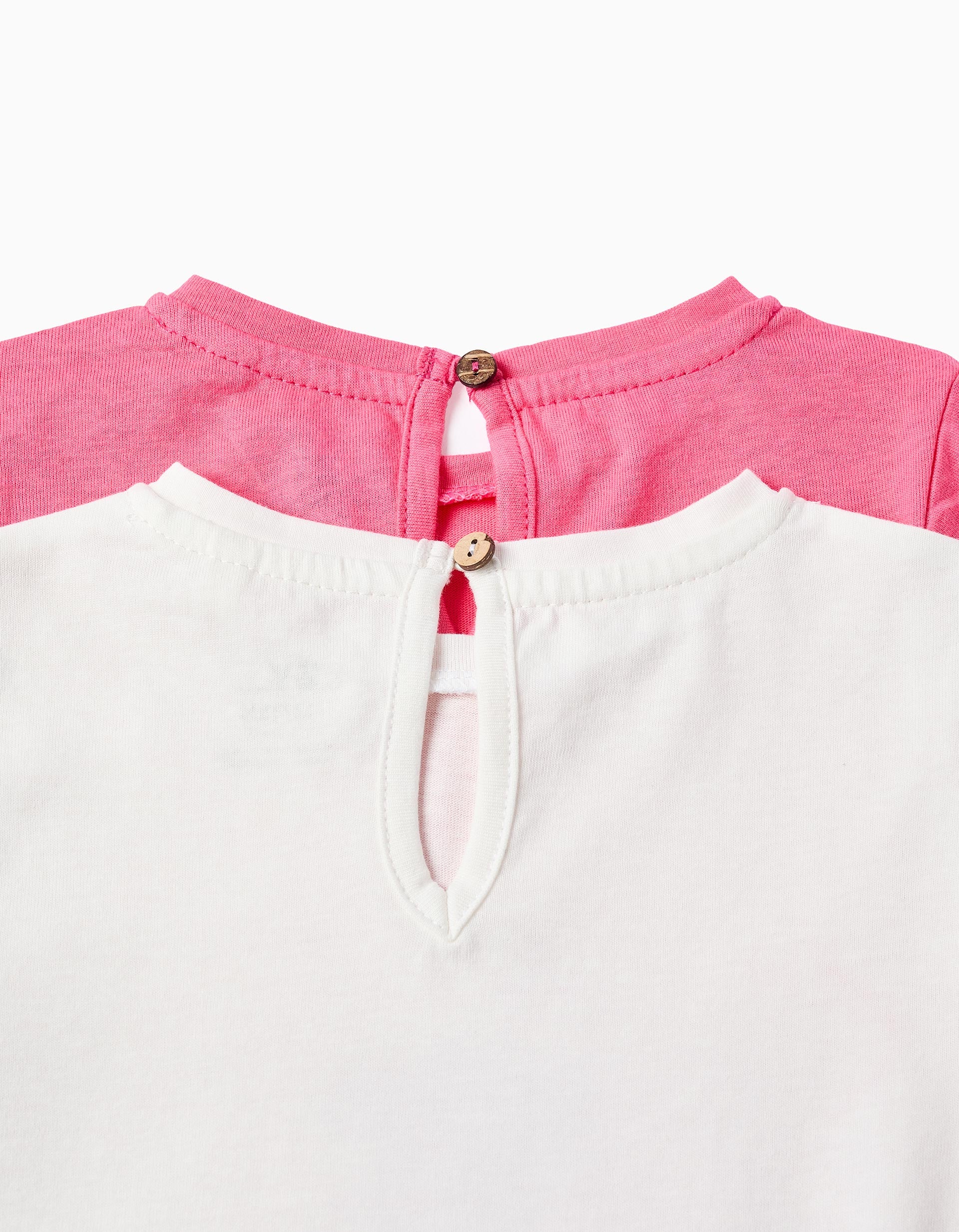 Pack of 2 long sleeve T-shirts with prints for baby girls, white/pink