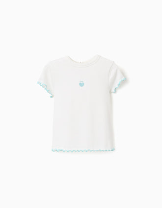 Camiseta acanalada con extremos ondulados para bebé niña, blanco/azul