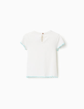 Camiseta acanalada con extremos ondulados para bebé niña, blanco/azul