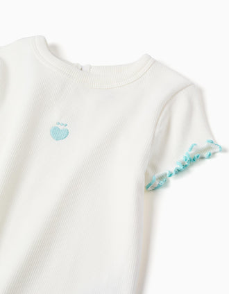Camiseta acanalada con extremos ondulados para bebé niña, blanco/azul