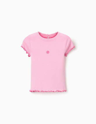 Camiseta de algodón acanalado con extremos ondulados para bebé niña, rosa