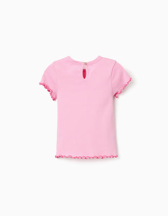 Camiseta de algodón acanalado con extremos ondulados para bebé niña, rosa
