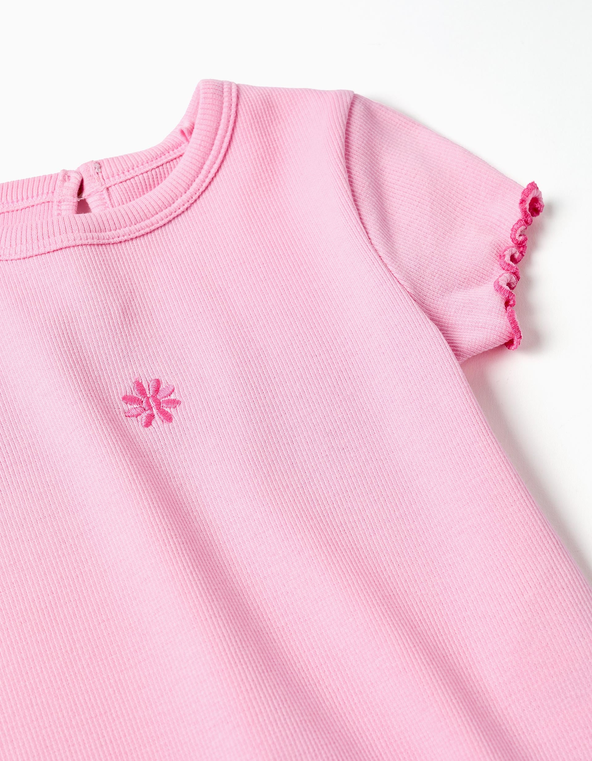 Camiseta de algodón acanalado con extremos ondulados para bebé niña, rosa