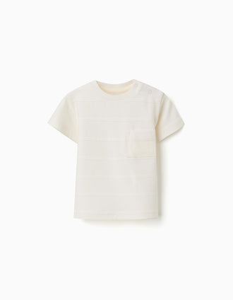 T-shirt de algodão com linhas em relevo e bolso para bebé menino, branco
