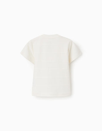 T-shirt de algodão com linhas em relevo e bolso para bebé menino, branco