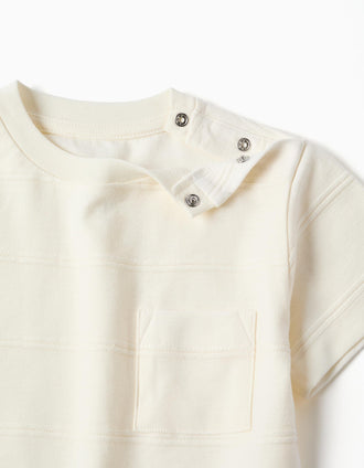 T-shirt de algodão com linhas em relevo e bolso para bebé menino, branco
