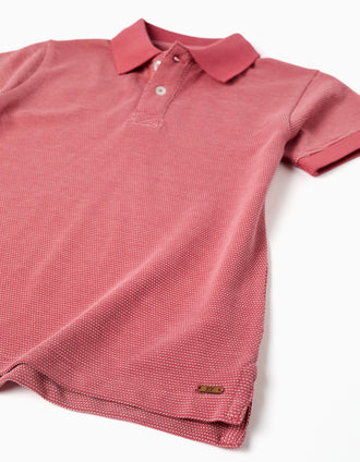 Cotton piqué polo shirt with jacquard dots for boys, dark pink