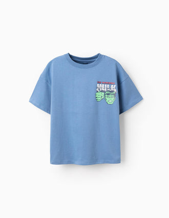 Cotton T-shirt with Hulk prints for boys, blue