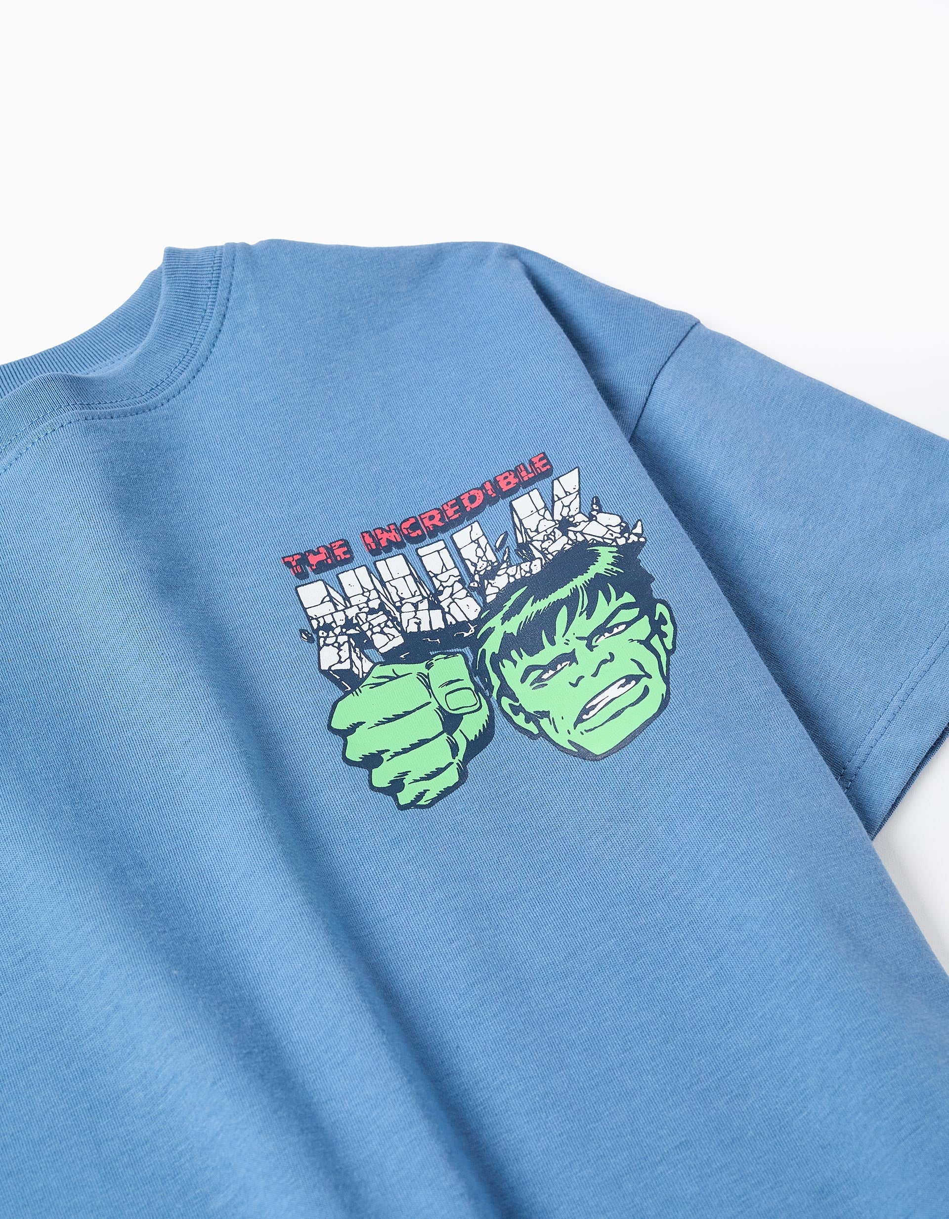 T-shirt de algodão com estampados do Hulk para menino, azul
