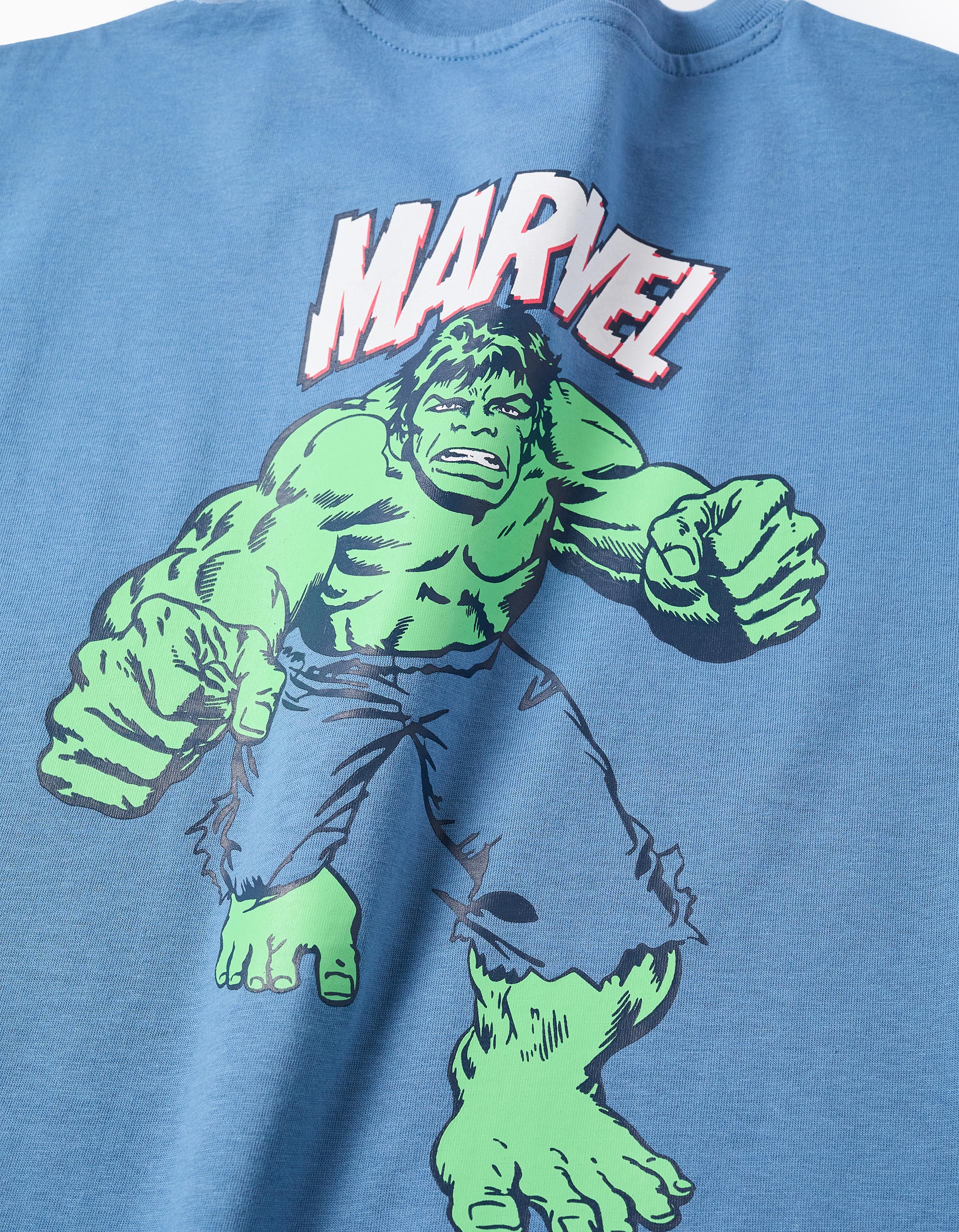 T-shirt de algodão com estampados do Hulk para menino, azul