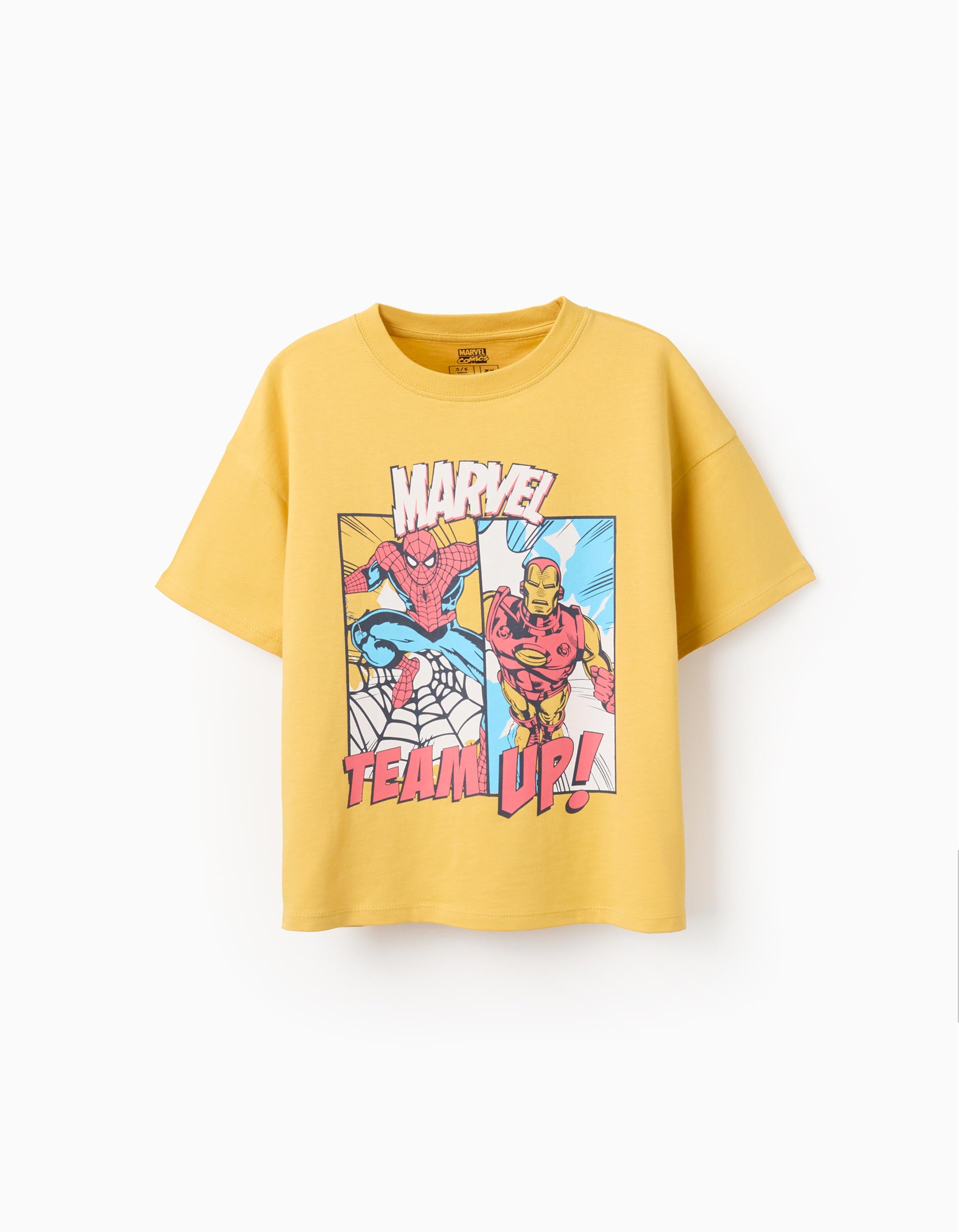T-shirt de algodão com um estampado Spider-Man e Iron-Man para menino, amarelo
