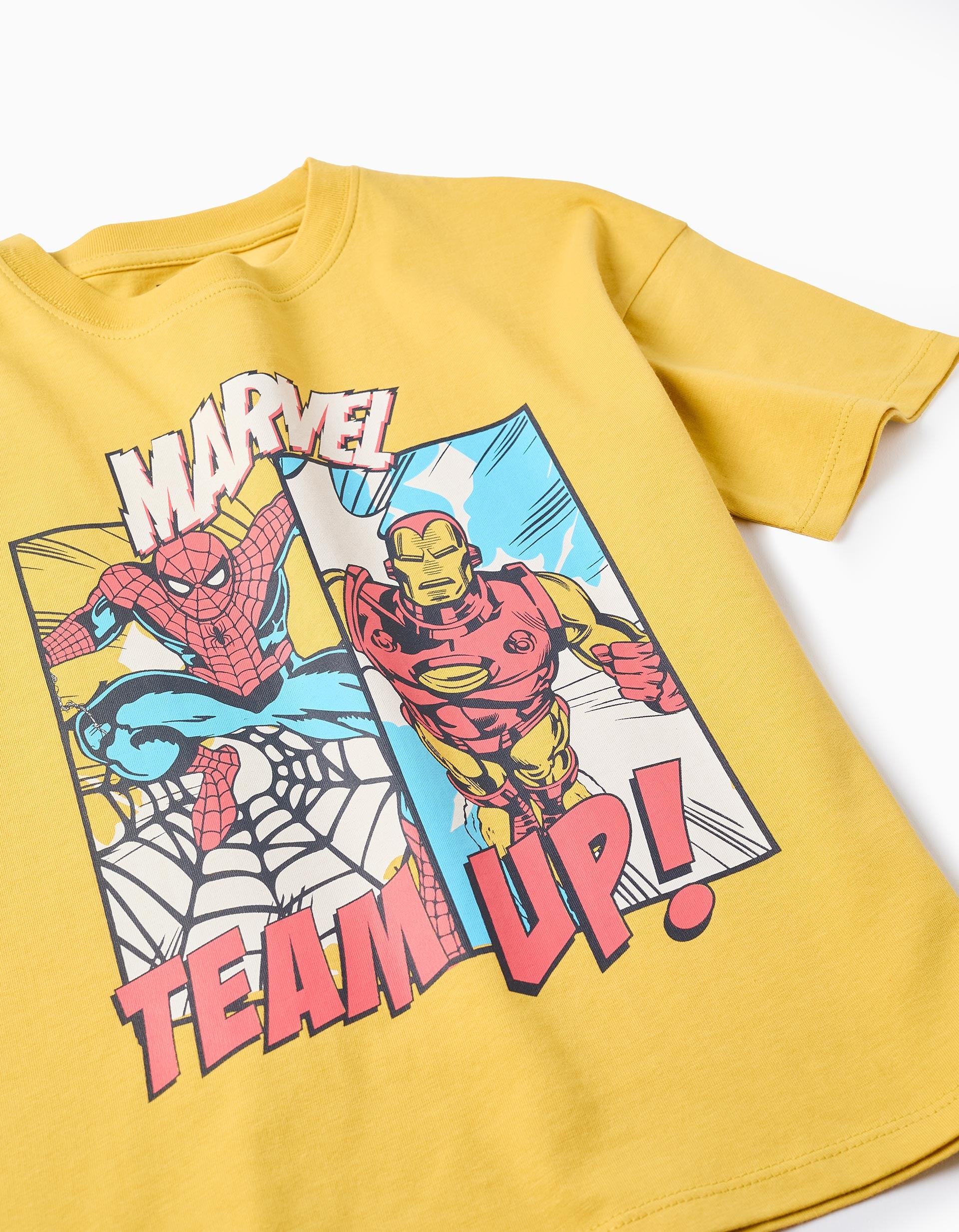 T-shirt de algodão com um estampado Spider-Man e Iron-Man para menino, amarelo