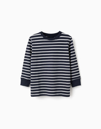 Long sleeve cotton T-shirt with stripes for boys, white/dark blue