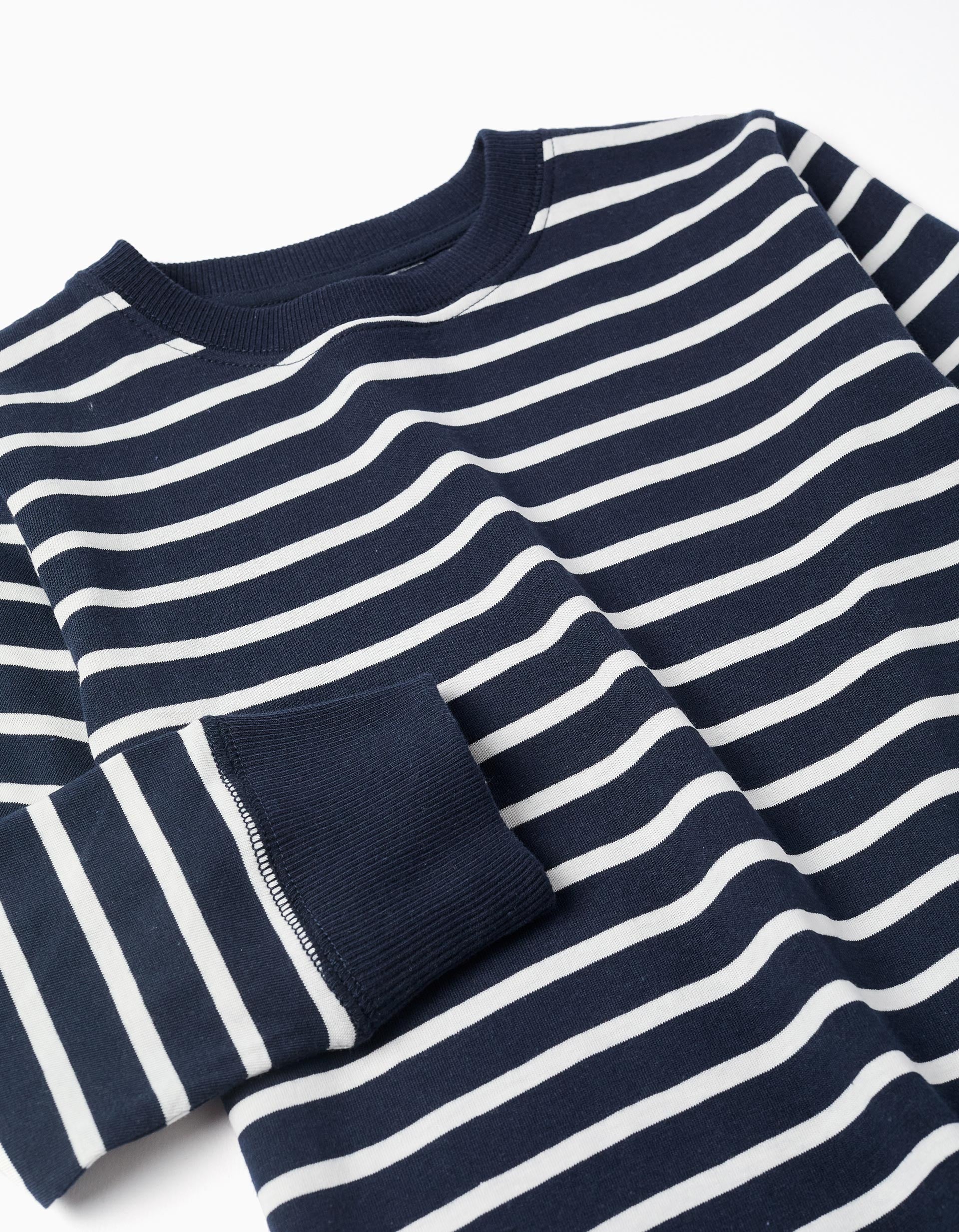 T-shirt de algodão às riscas para menino, branco/azul-escuro