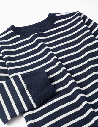 Long sleeve cotton T-shirt with stripes for boys, white/dark blue
