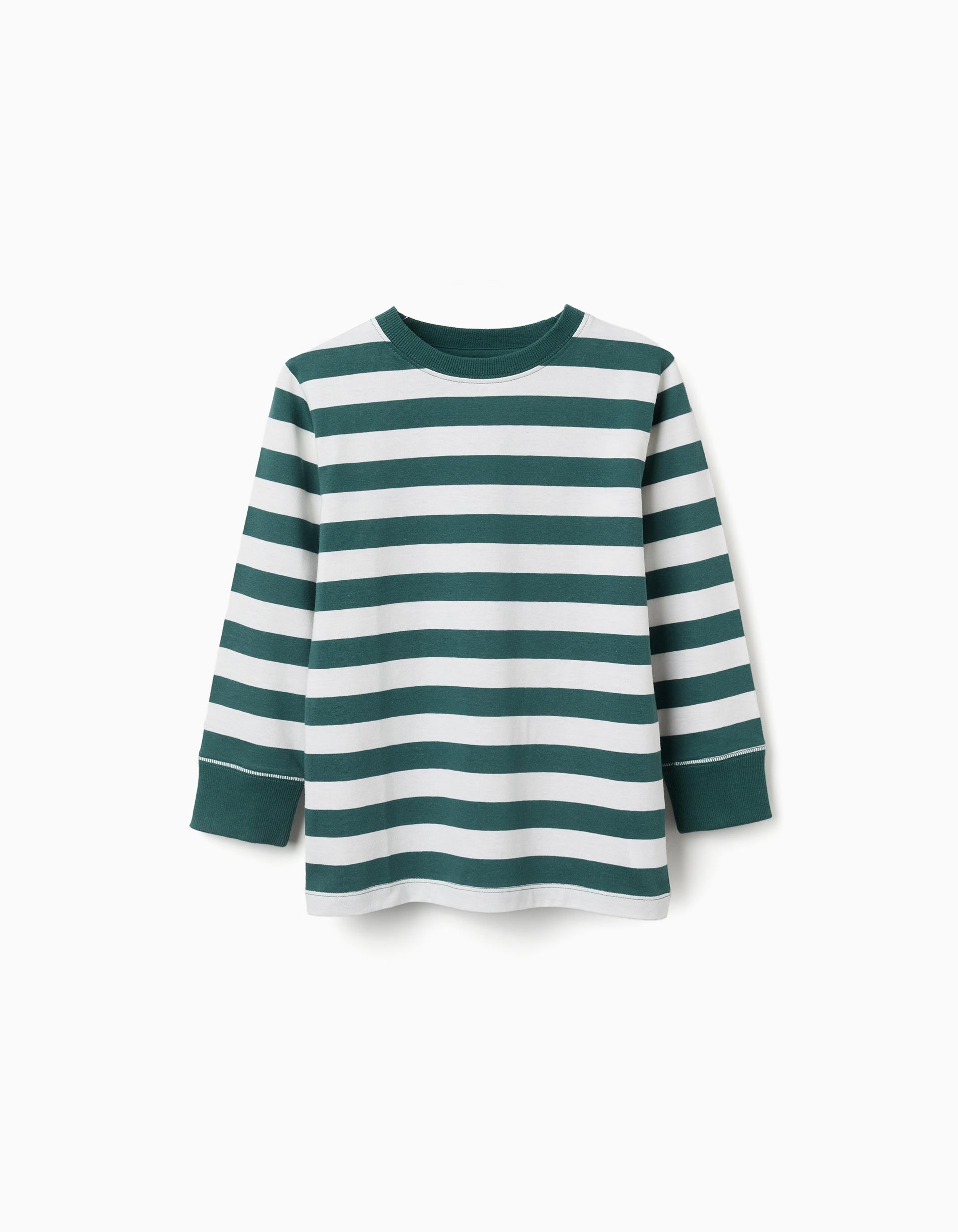 T-shirt de manga comprida de algodão às riscas para menino, branco/verde