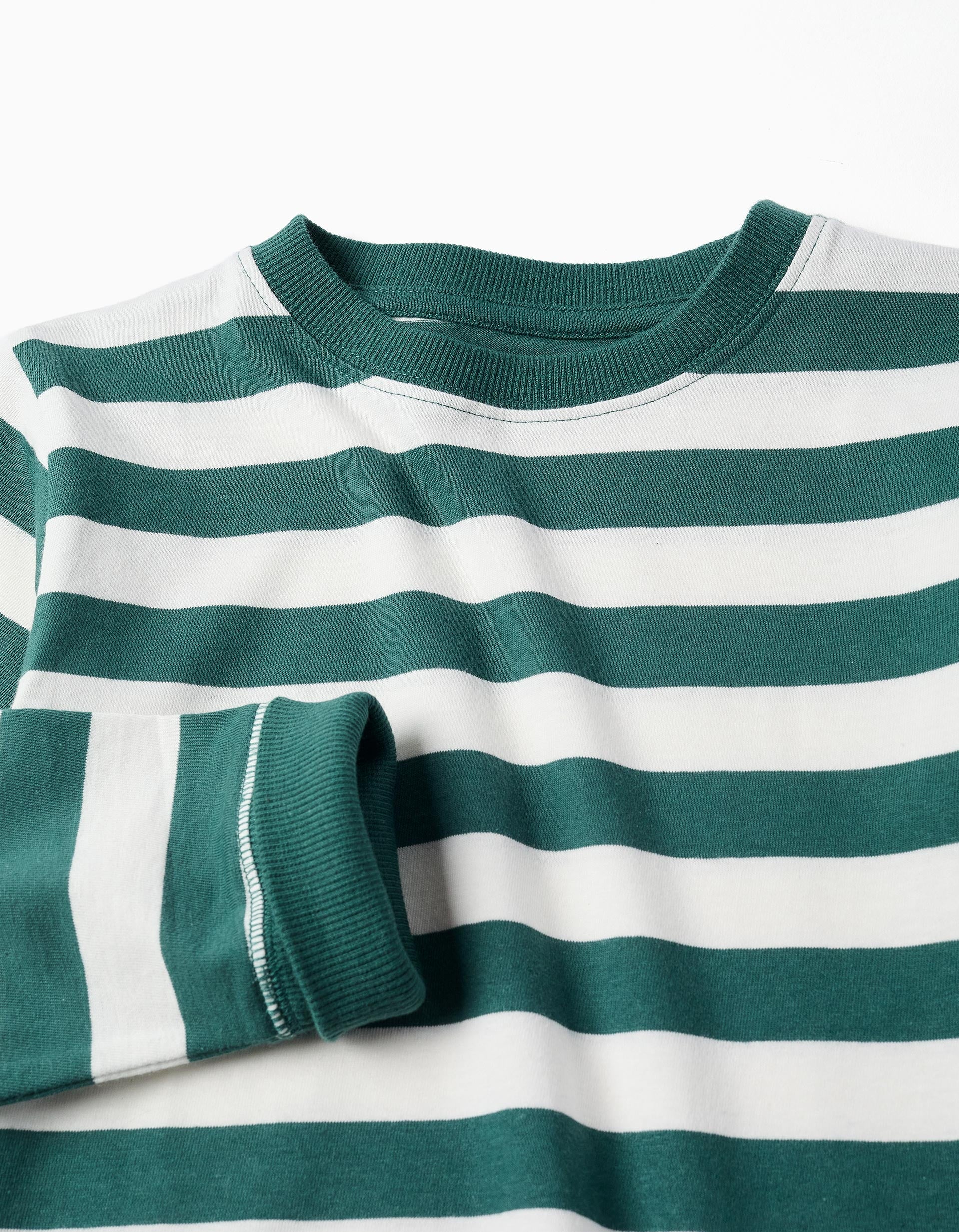 T-shirt de manga comprida de algodão às riscas para menino, branco/verde