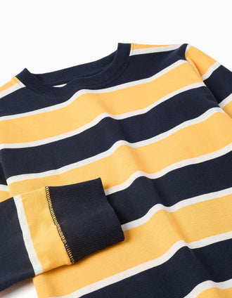 Long sleeve cotton T-shirt with stripes for boys, blue/yellow/white