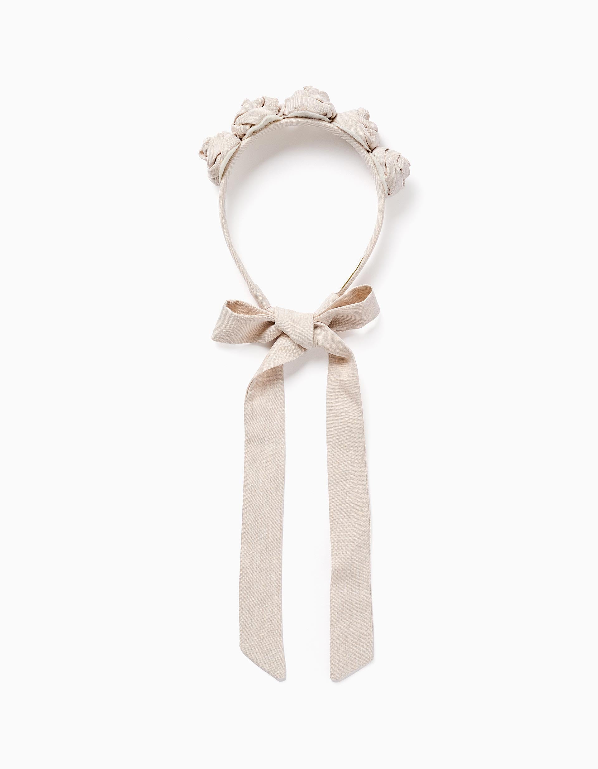 Alice band with flowers and straps for girls, light beige