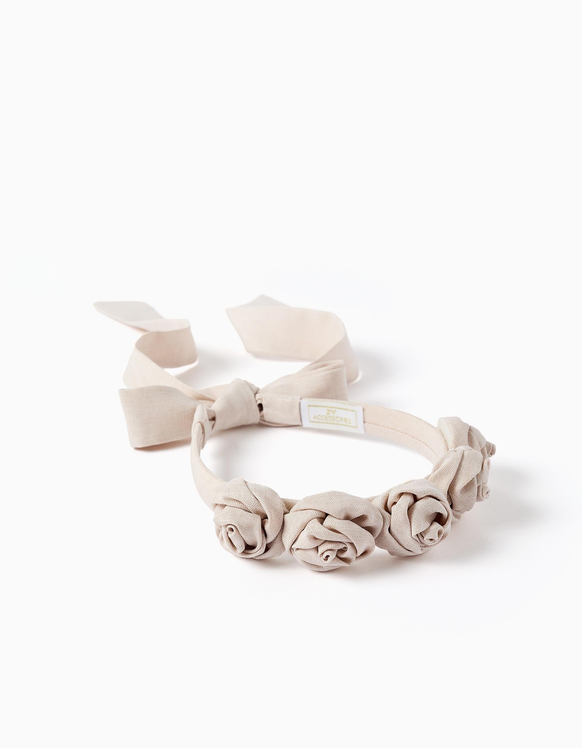 Alice band with flowers and straps for girls, light beige