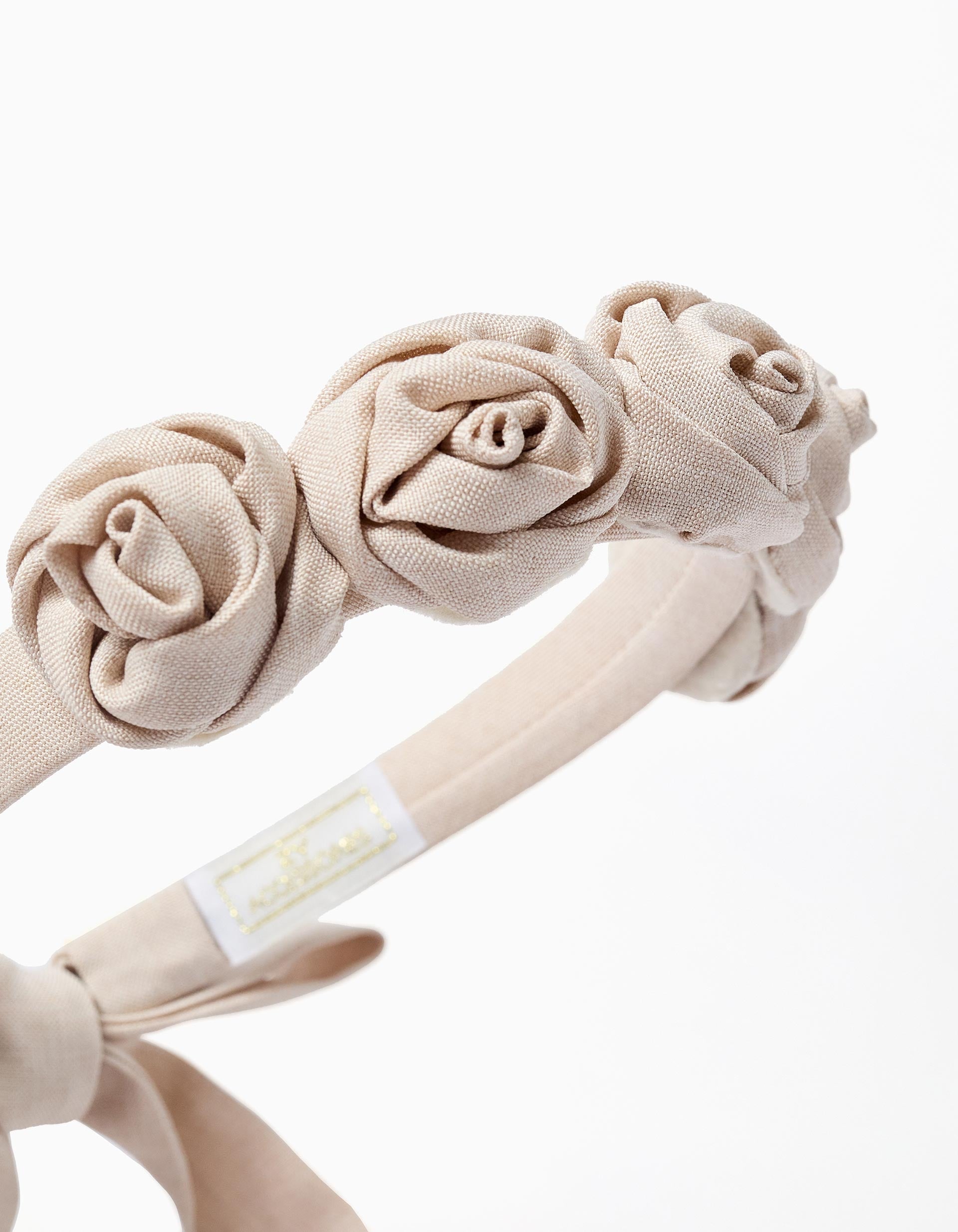 Alice band with flowers and straps for girls, light beige