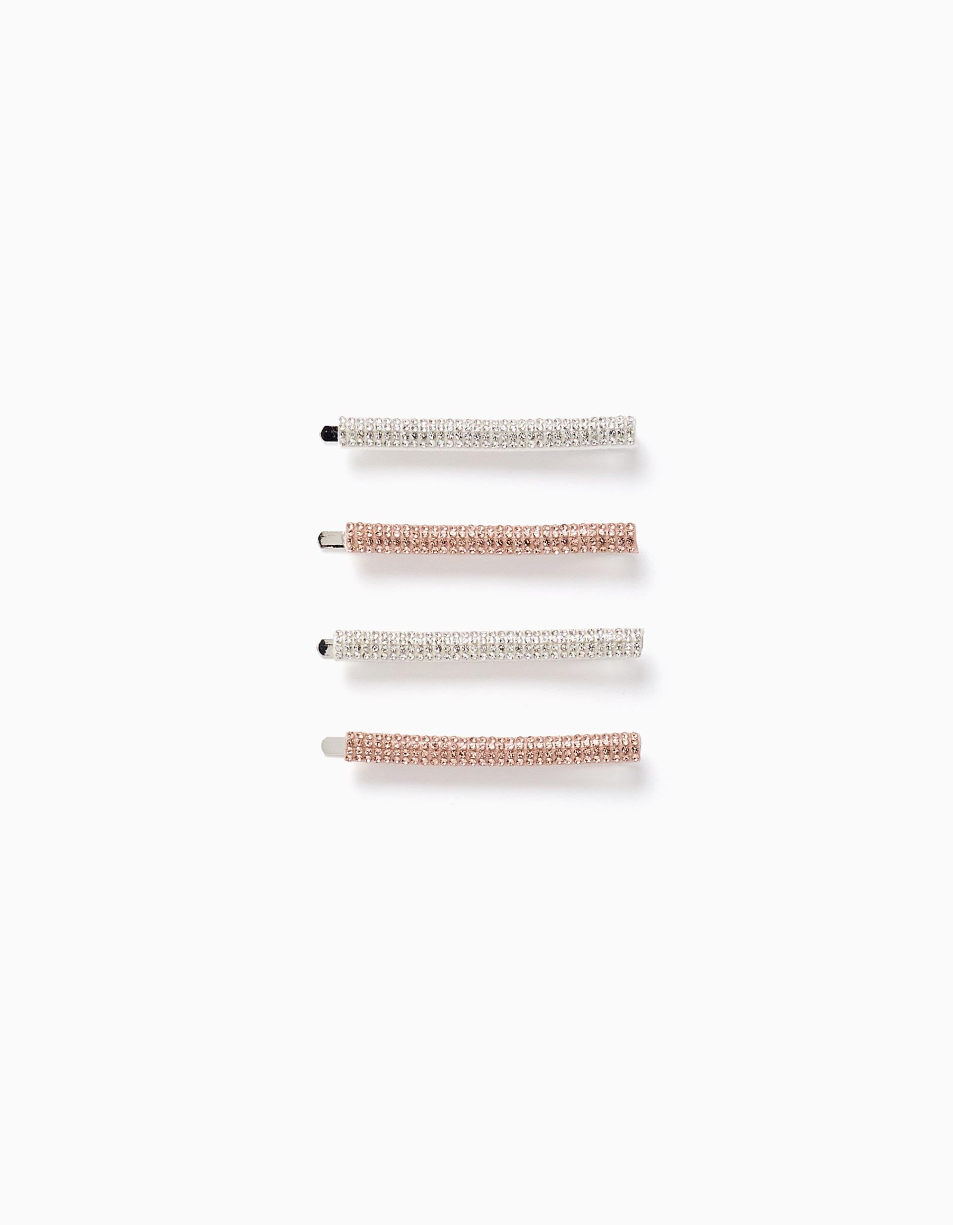Pack of 4 hair clips with rhinestones for girls, rose gold/silver