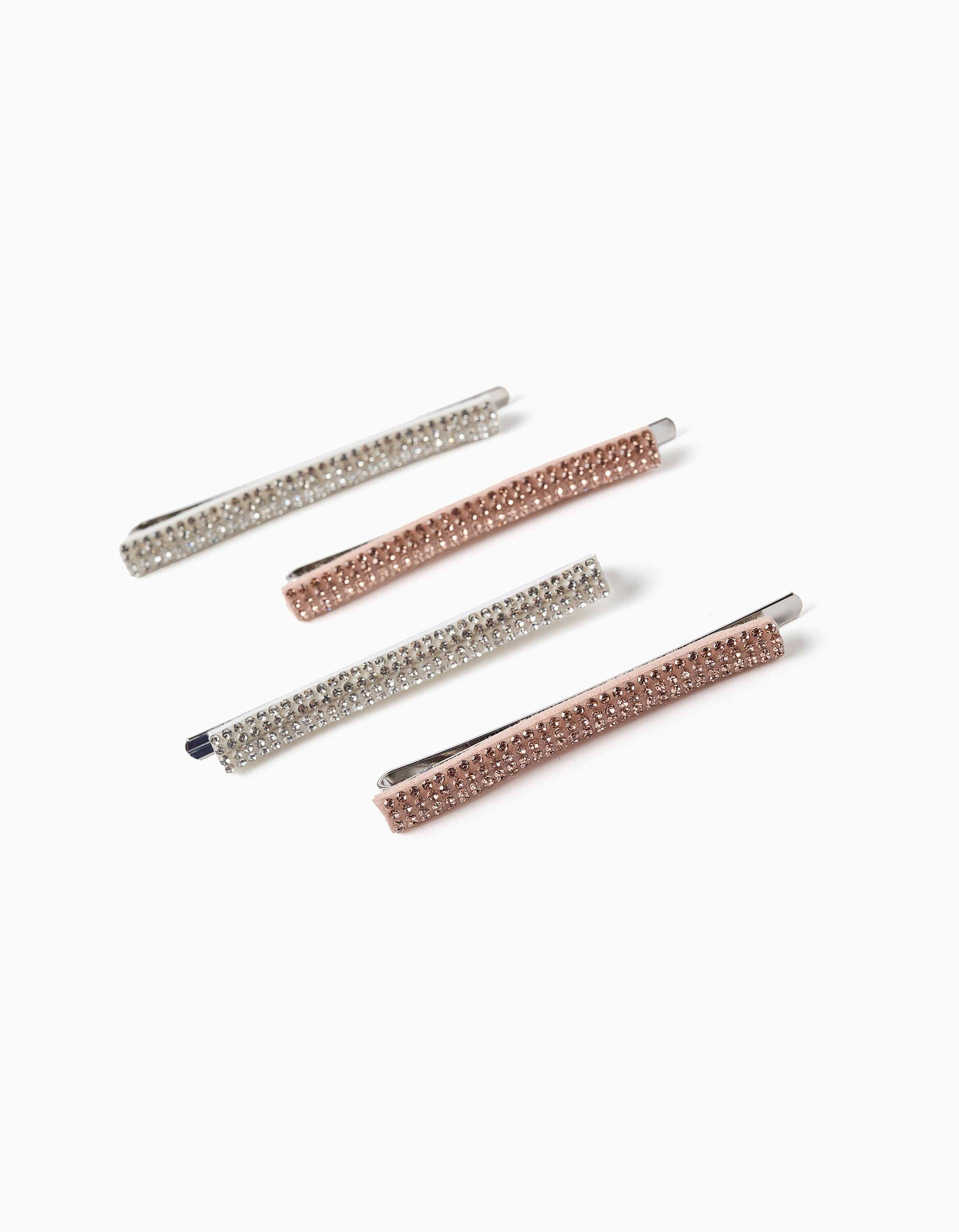 Pack of 4 hair clips with rhinestones for girls, rose gold/silver