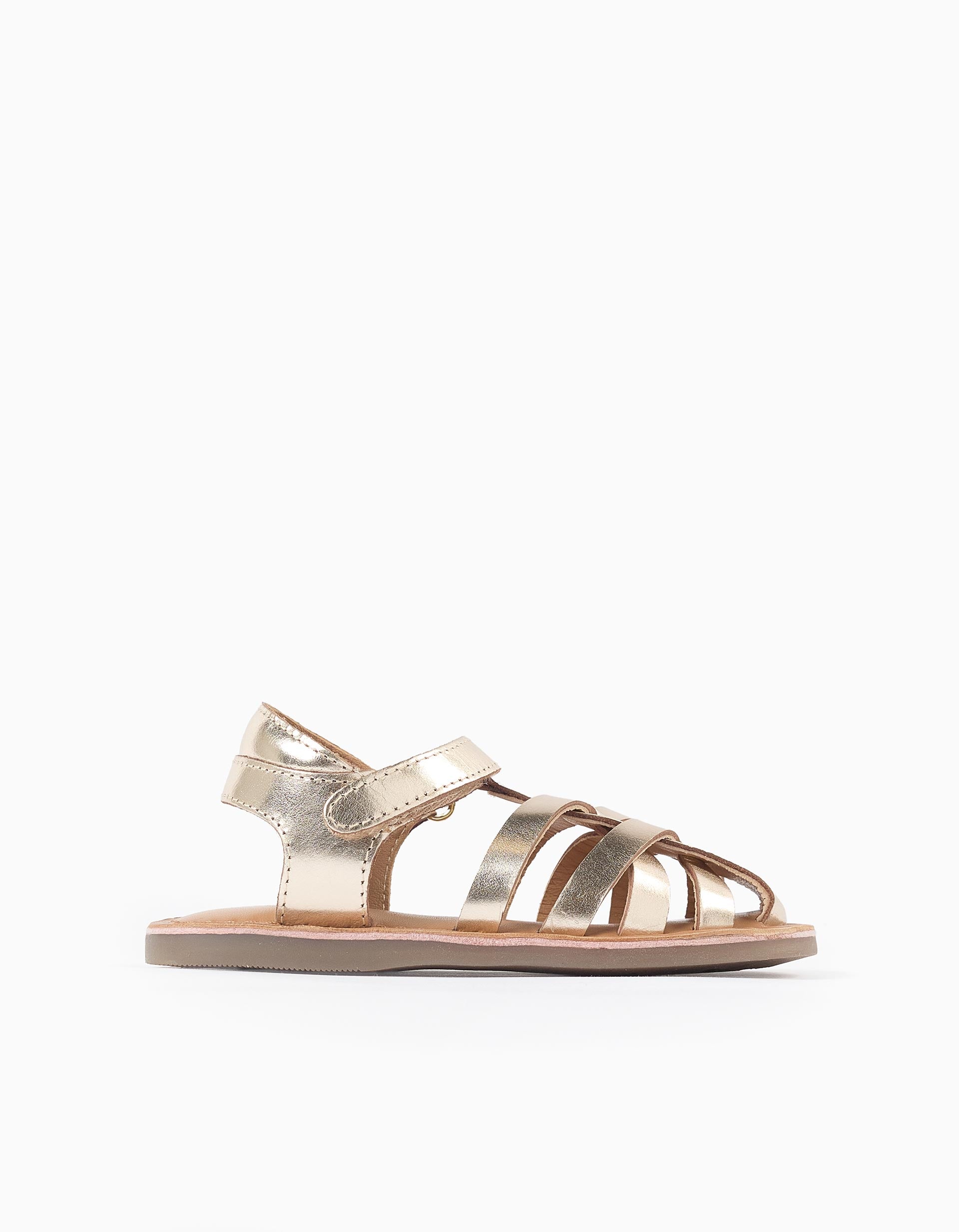 Leather fisherman sandals with crossed straps for baby girls, golden