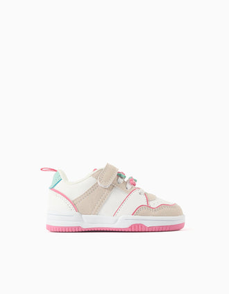 Dual-fabric trainers with decorative flowers for baby girls, multicolour