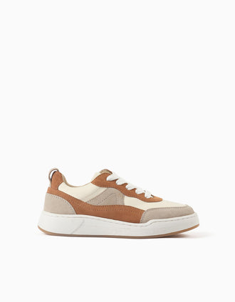 Baskets bi-matière à lacets pour garçon, beige/marron