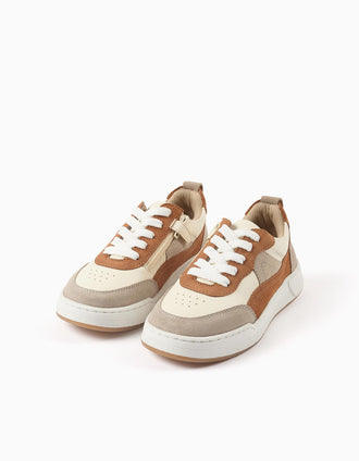 Baskets bi-matière à lacets pour garçon, beige/marron