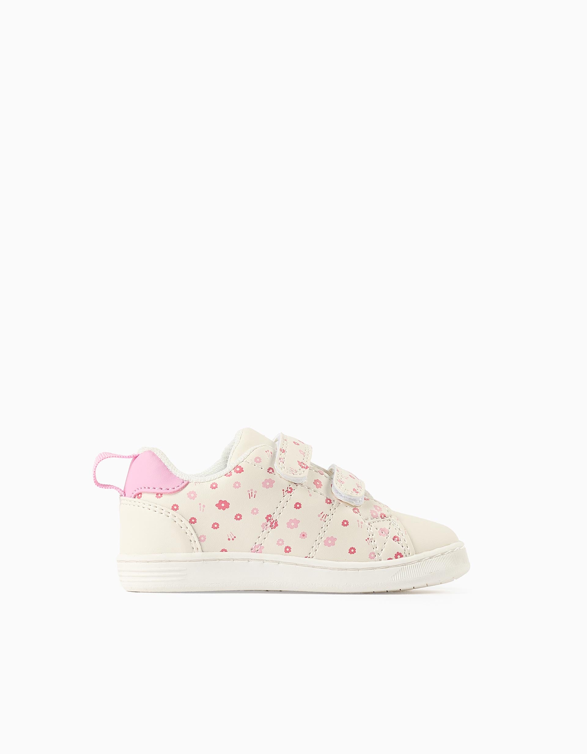 Sapatilhas com motivo floral para bebés menina, branco/rosa