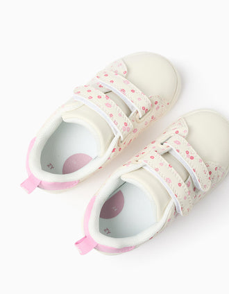 Baskets à scratch avec motif floral pour bébé fille, blanc/rose