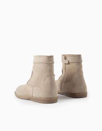 Botines de ante con efecto festoneado para niña, beige